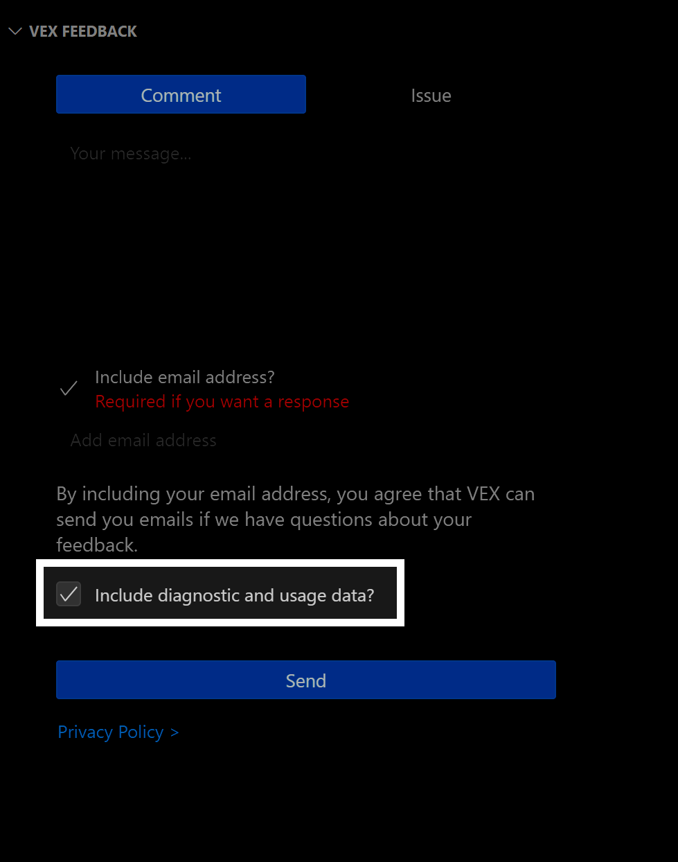 Sección de comentarios de VEX del menú lateral de la extensión de robótica VEX. Debajo de las opciones de dirección de correo electrónico hay una casilla de verificación para incluir datos de diagnóstico y uso.