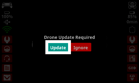 Zpráva „Nutná aktualizace dronu“ na obrazovce ovladače s tlačítky Aktualizovat a Ignorovat, tlačítko Aktualizovat je zvýrazněno.