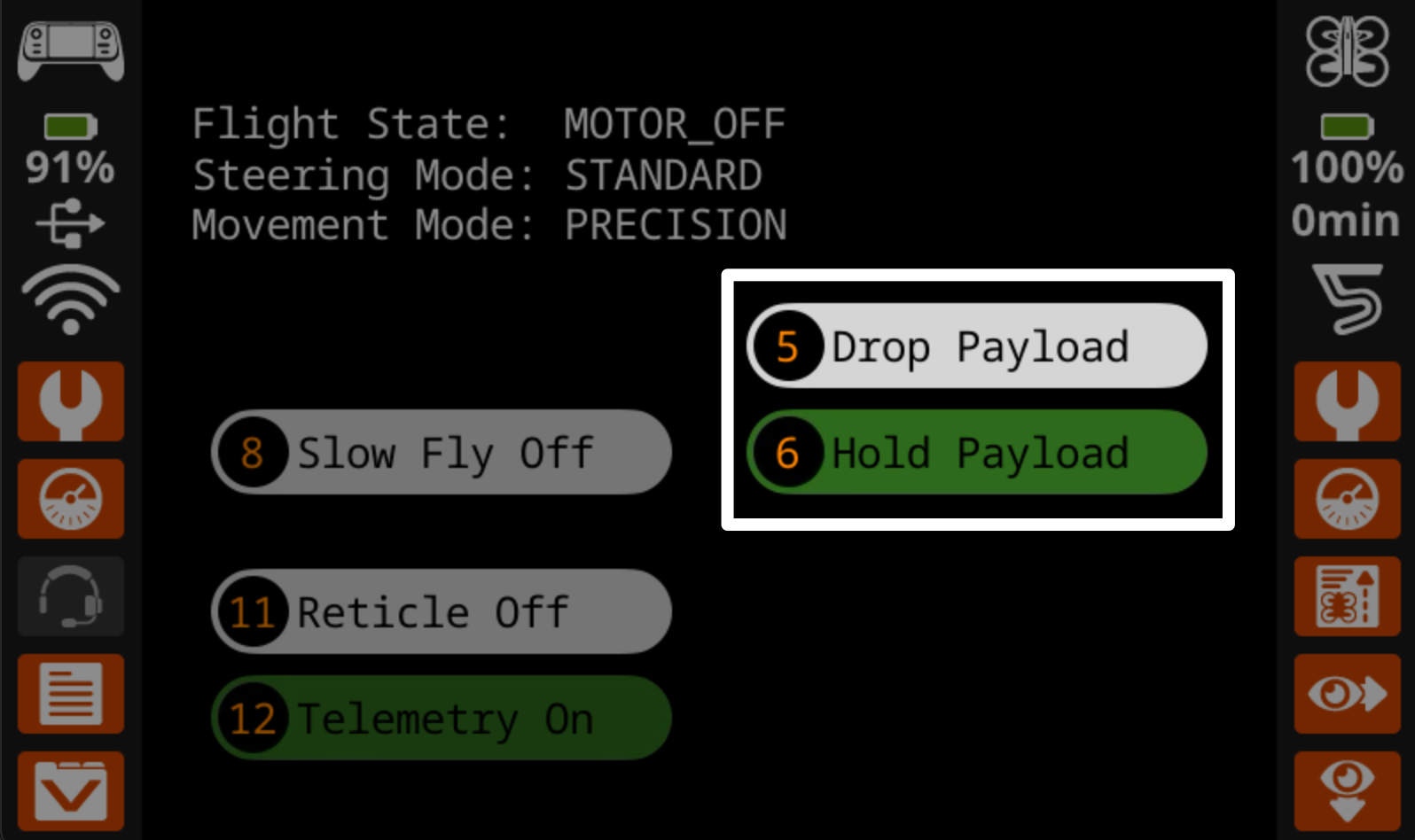 Detailopname van het controllerscherm met het standaard vliegscherm geopend en een markering op twee knoppen met de tekst 'Drop Payload' en 'Hold Payload'.