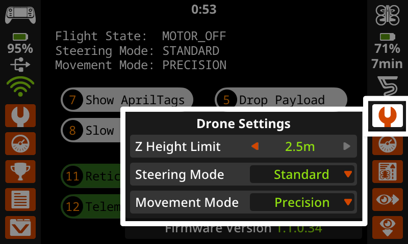 Дрон параметрлері белгішесі мен мәзірі ашық тұрған кезде басқару экранының жабыңыз. Мәзір мәтінде көрсетілген параметрлерді әдепкі мәндермен көрсетеді.
