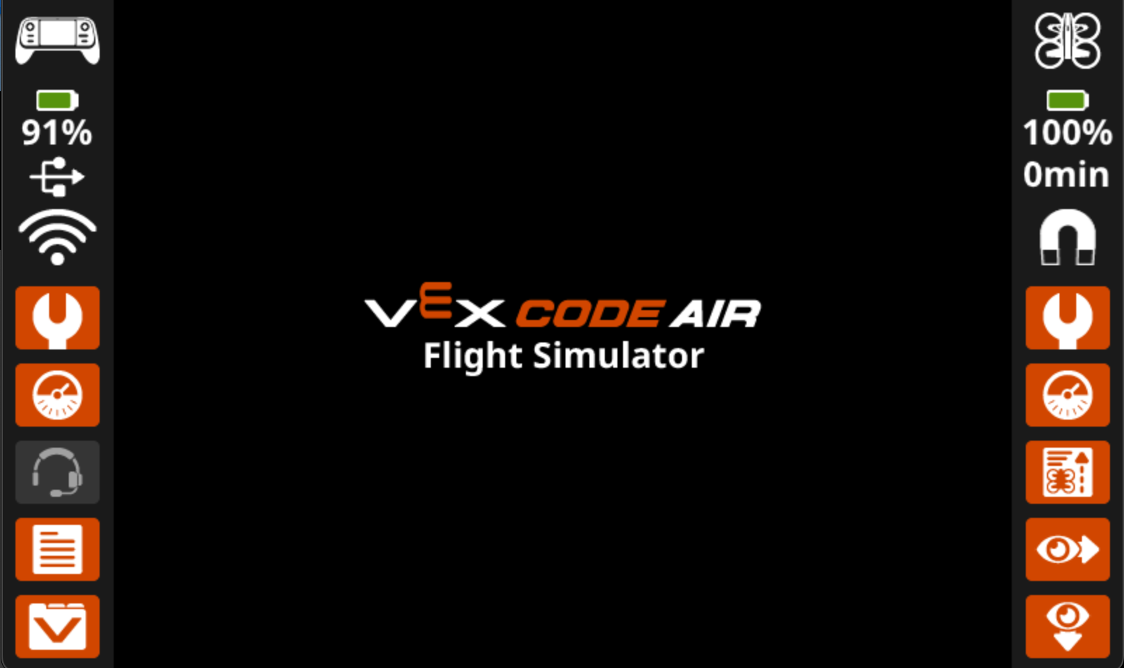 Логотип VEX AIR Flight Simulator расположен в центре экрана контроллера.