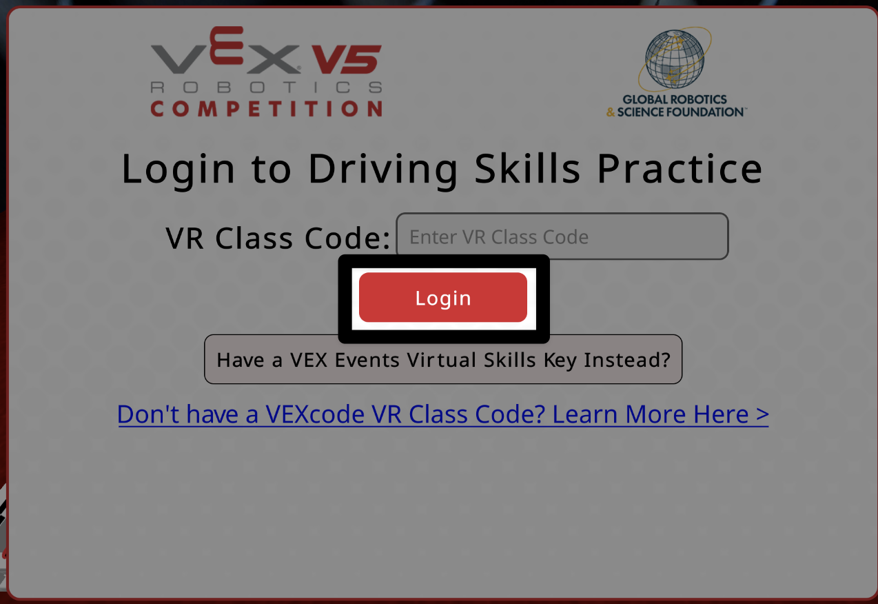 La pantalla de inicio de sesión en la práctica de habilidades de conducción con el botón de inicio de sesión debajo del cuadro de texto Código de clase VR resaltado.