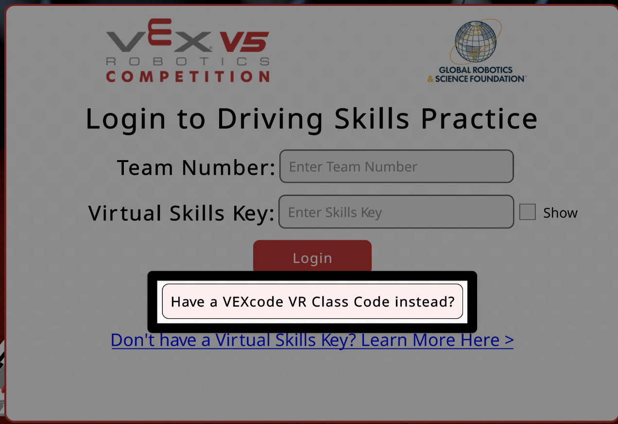 "VEXcode VR 클래스 코드가 있으신가요?"라는 메시지가 표시되는 운전 기술 연습 로그인 화면 버튼이 강조 표시되었습니다.