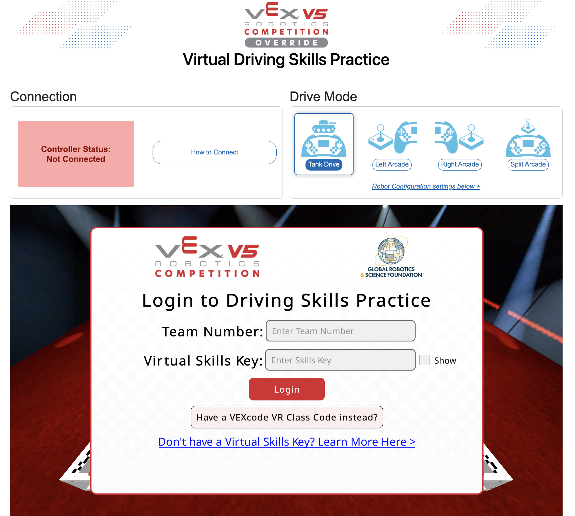 La ventana de Práctica de Habilidades de Conducción Virtual con el mensaje de Iniciar sesión en Práctica de Habilidades de Conducción solicitando un Número de Equipo y una Clave de Habilidades Virtuales.