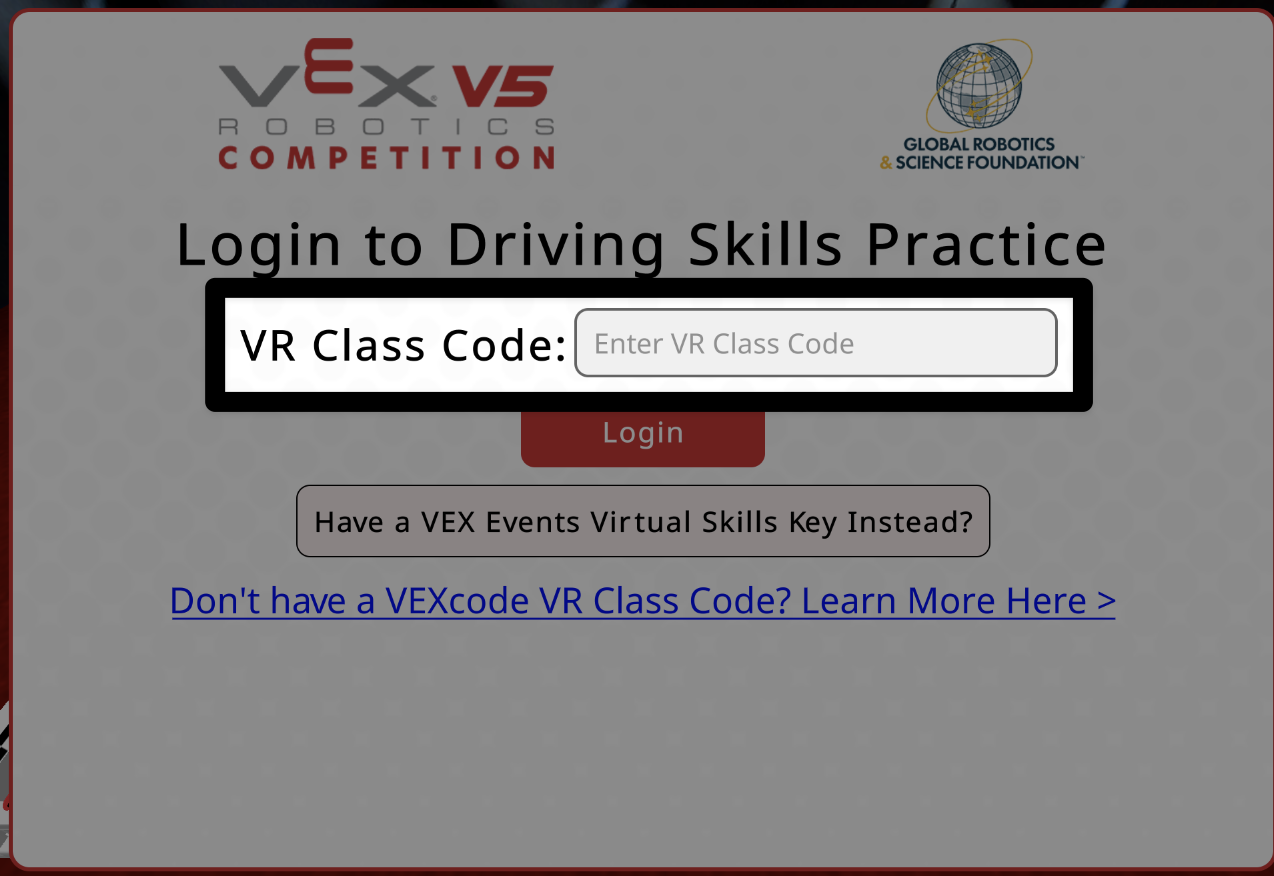 La pantalla de inicio de sesión en la práctica de habilidades de conducción con el cuadro de texto Código de clase VR resaltado.