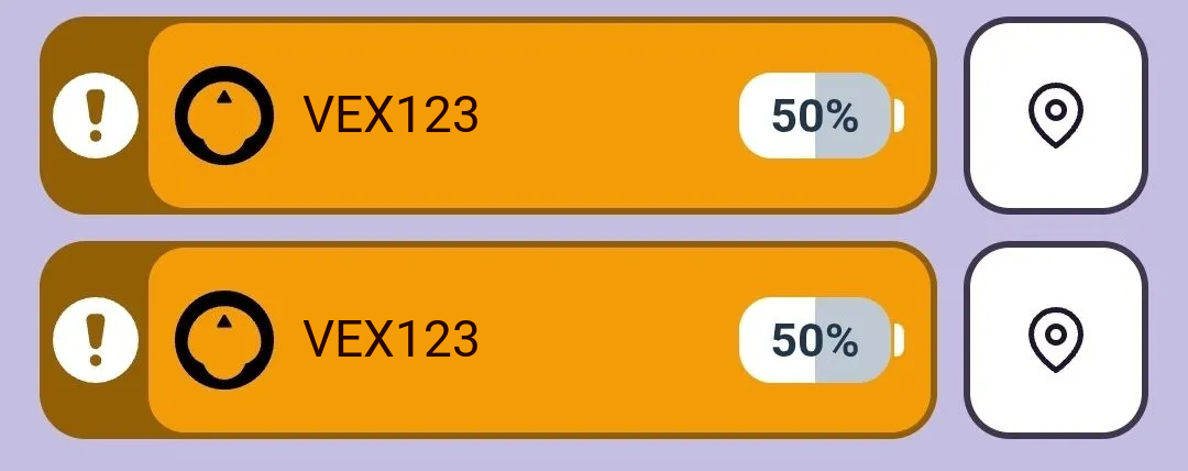 VEX Devices list in the VEX Classroom App showing two 123 Robots named 123 003 and 123 001. Both entries are shown in orange with an exclamation point icon and a battery level of 50%.