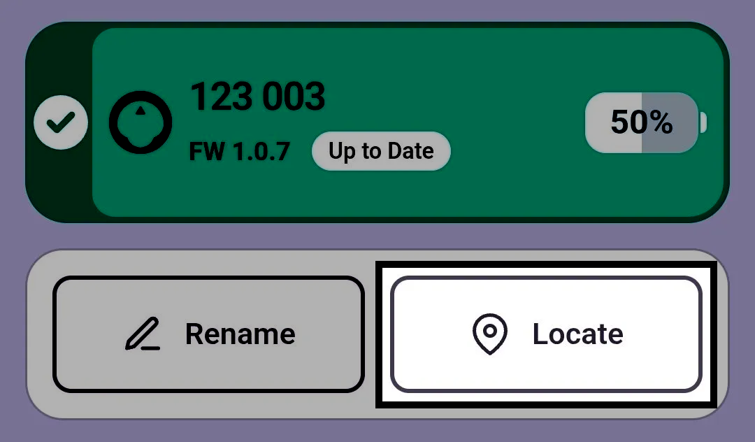 Device info page for a 123 Robot named 123 003 in the VEX Classroom App, showing firmware version 1.0.7 marked Up to Date and a battery level of 50%. The Locate button is highlighted.