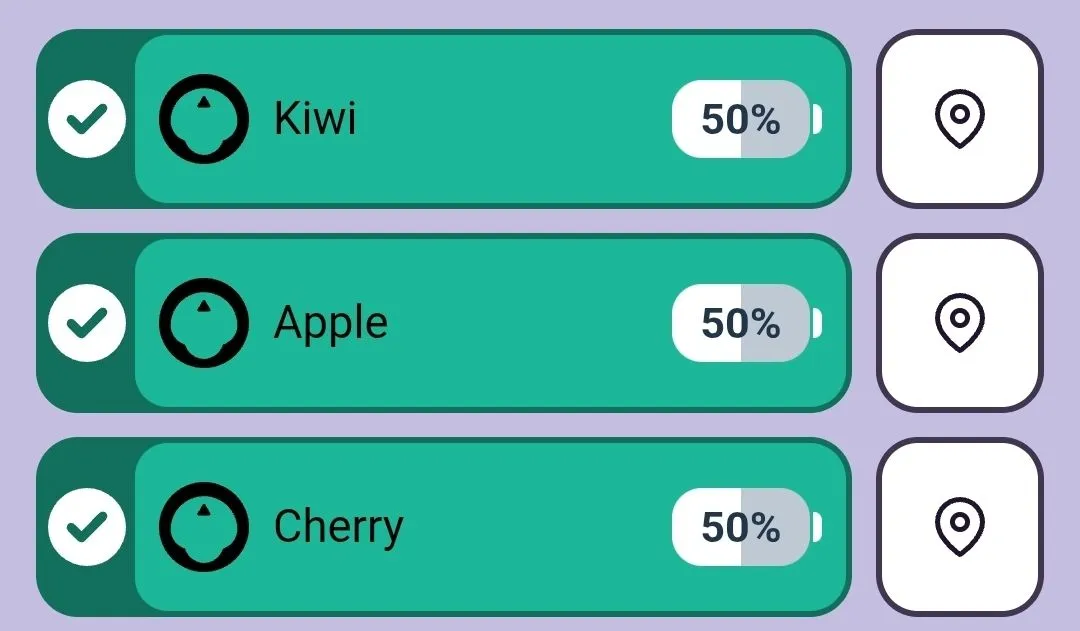 VEX Devices list in the VEX Classroom App showing three 123 Robots renamed Kiwi, Apple, and Cherry. Each entry is shown in green with a check mark and a battery level of 50%.