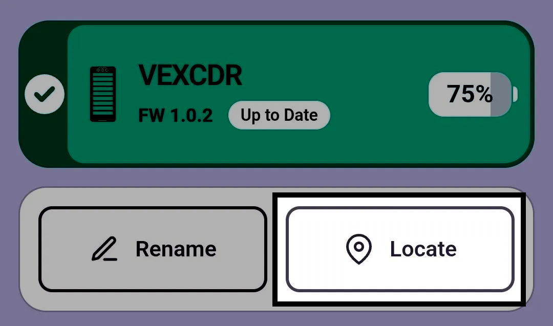 Device info page for a VEX Coder named VEXCDR in the VEX Classroom App, showing firmware version 1.0.2 marked Up to Date and a battery level of 75%. The Locate button is highlighted.
