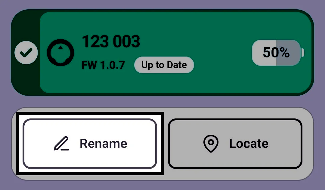Device info page for a 123 Robot named 123 003 in the VEX Classroom App, showing firmware version 1.0.7 marked Up to Date and a battery level of 50%. The Rename button is highlighted.