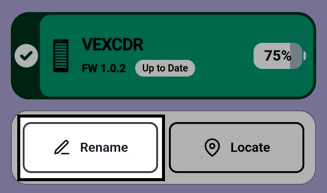 Device info page for a VEX Coder named VEXCDR in the VEX Classroom App, showing firmware version 1.0.2 marked Up to Date and a battery level of 75%. The Rename button is highlighted.