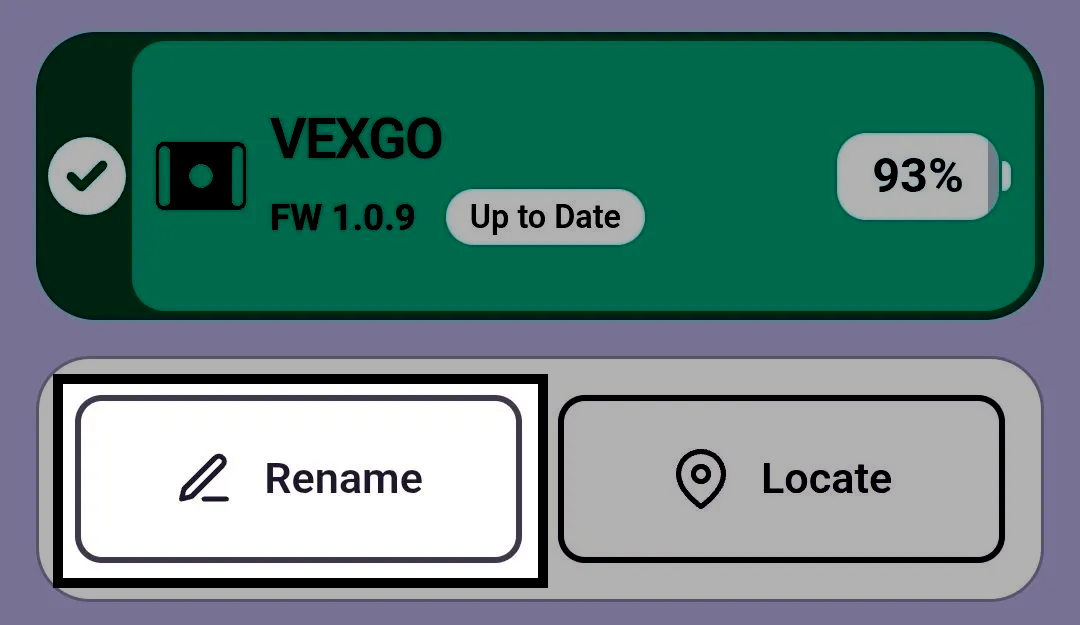 Device info page for a GO Brain named VEXGO in the VEX Classroom App, with the Rename button highlighted.