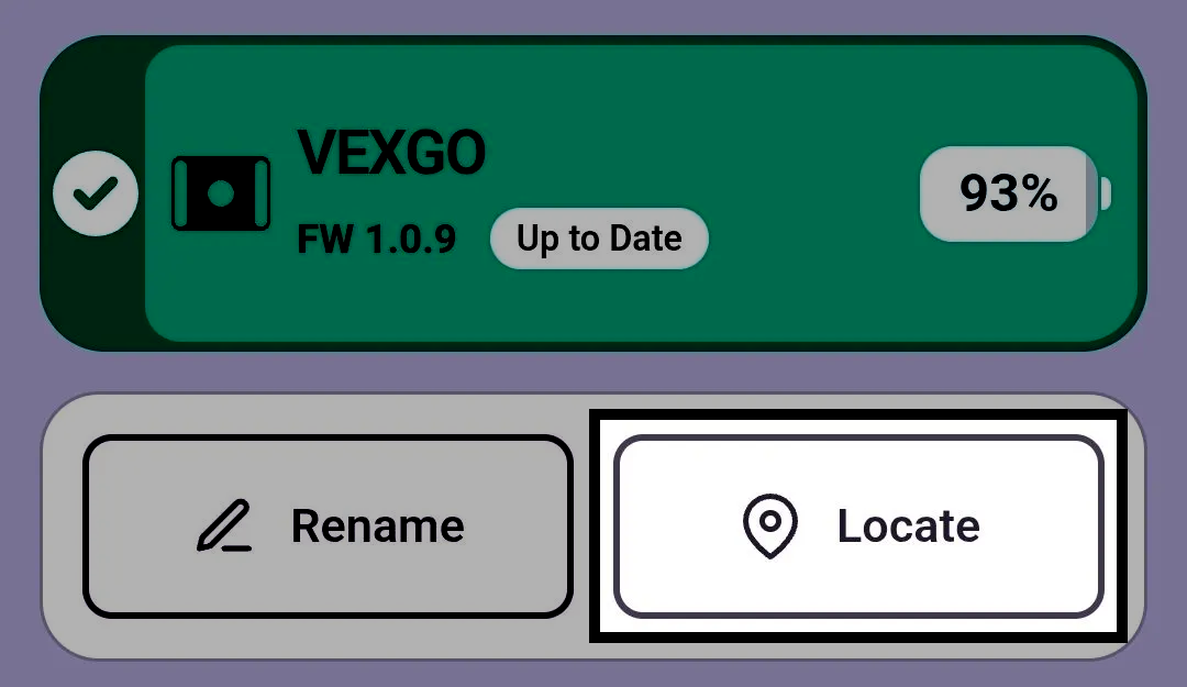 Device info page for a GO Brain named VEXGO in the VEX Classroom App, with the Locate button highlighted.