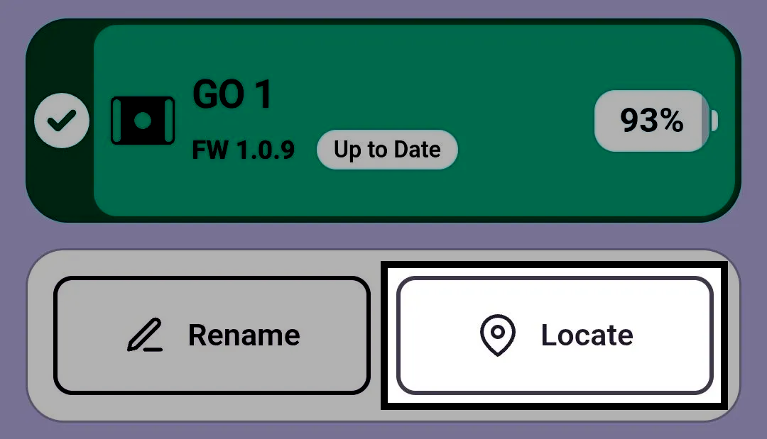Device info page for a GO Brain named GO 1 in the VEX Classroom App, with the Locate button highlighted.