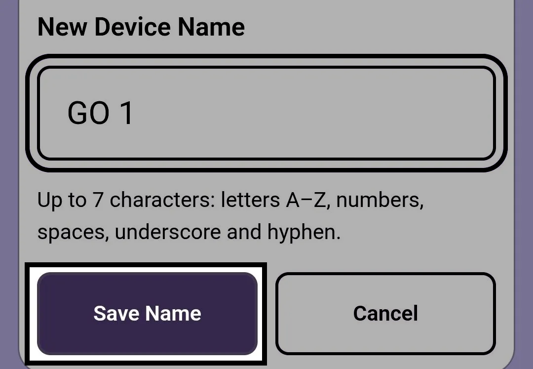 New device name window in the VEX Classroom App with GO 1 entered in the text field and the Save name button highlighted.