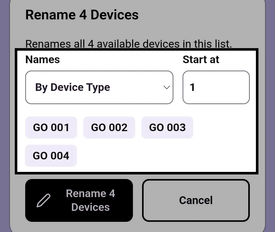Rename all window in the VEX Classroom App with the default naming option selected, which names each GO Brain GO followed by a number.