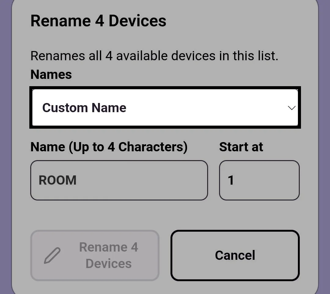 Rename all window in the VEX Classroom App with Custom Name selected in the dropdown menu and a custom name entered in the text field.