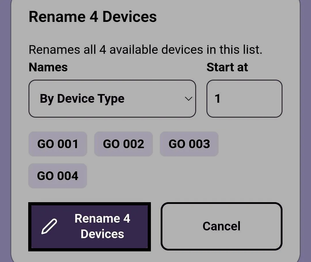 Rename all window in the VEX Classroom App with the Rename button highlighted.