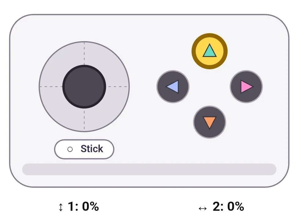 Virtual One Stick Controller in the VEX Classroom App with the joystick centered and the up button highlighted in yellow. Axis 1 and Axis 2 both read 0%.