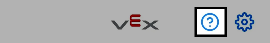 Top bar of the VEX Classroom App with the VEX logo, the Help icon highlighted, and the Settings icon.