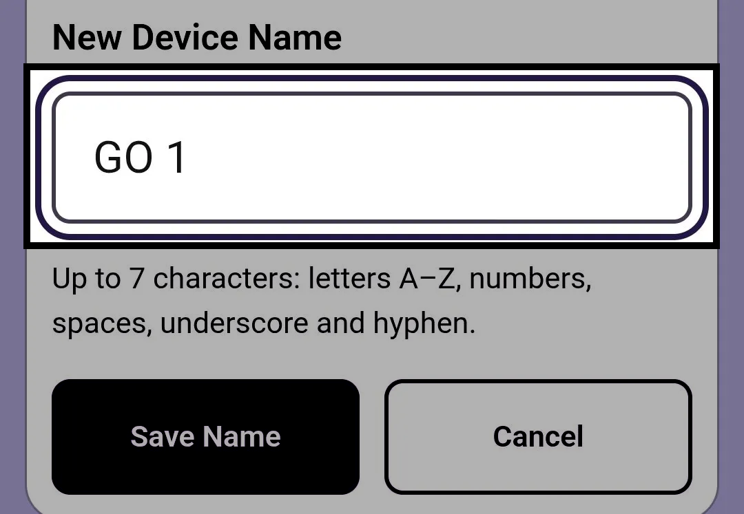 New device name window in the VEX Classroom App with the text field highlighted and GO 1 typed in. The text below the field reads Up to 7 characters: letters A–Z, numbers, spaces, underscore and hyphen.