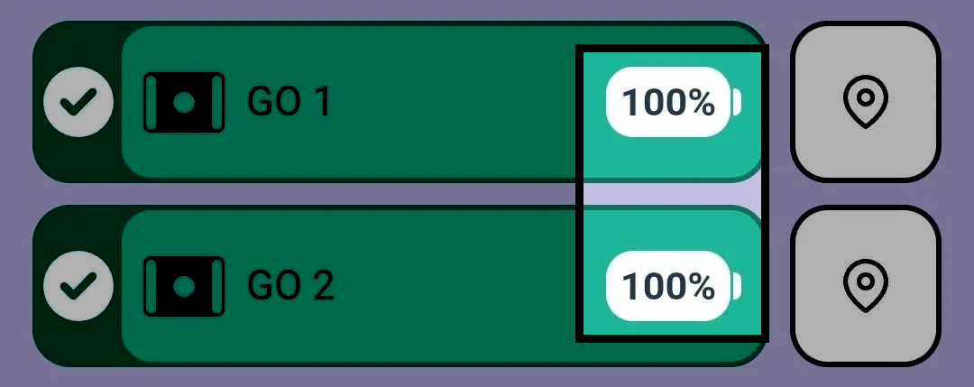 VEX Devices list in the VEX Classroom App showing two GO Brains, GO 1 and GO 2, with their battery levels of 100% highlighted.