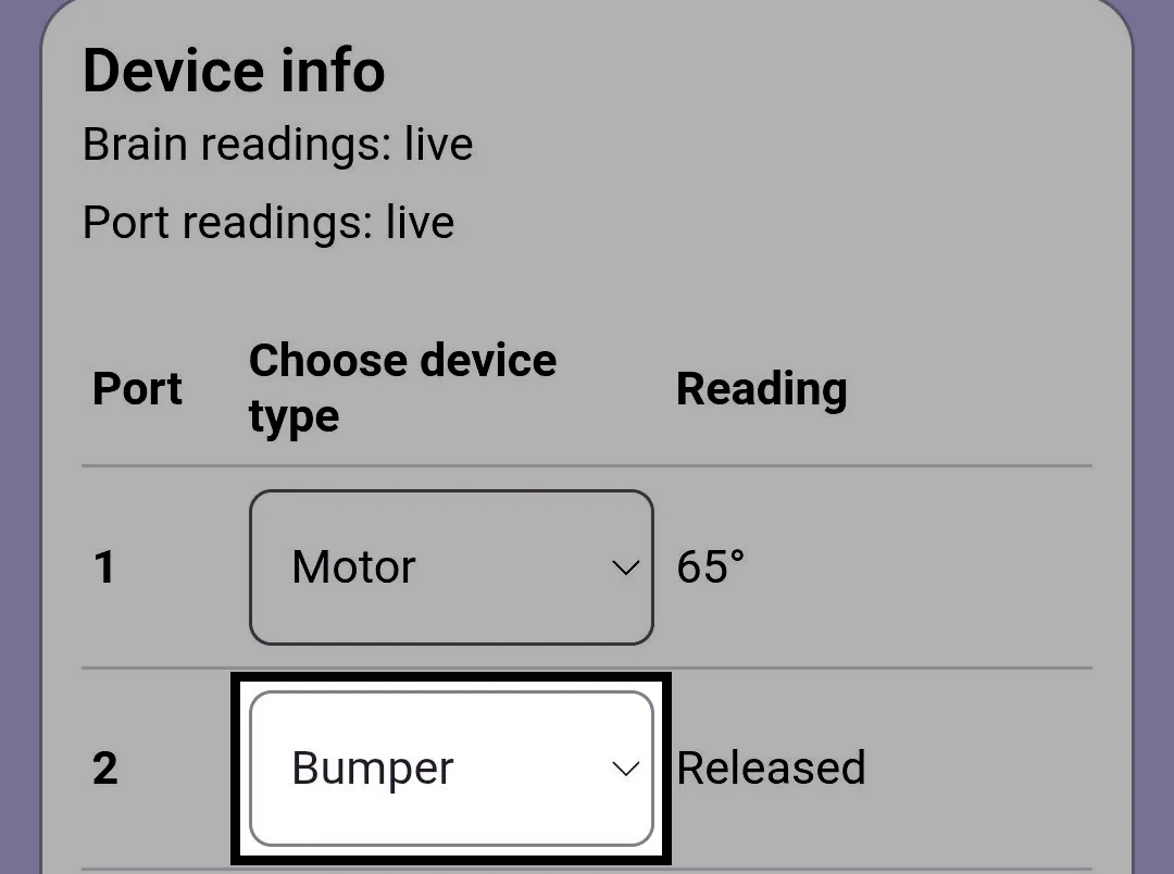 Device info section in the VEX Classroom App showing live Brain and Port readings. Port 1 is set to Motor with a reading of 65 degrees, and Port 2 is set to Bumper with a reading of Released. The Bumper device type dropdown is highlighted.