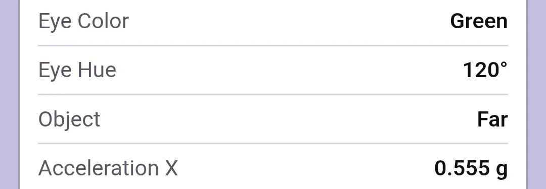 Table of live sensor readings in the VEX Classroom App: Eye color Green, Eye hue 120 degrees, Object Far, Acceleration X -0.005 g, Acceleration Y 0.342 g, and Acceleration Z -0.928 g.