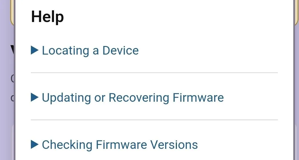 Help menu in the VEX Classroom App listing four documents: Set up a new classroom, Find and identify devices, Understand fleet results, and Update or recover firmware.