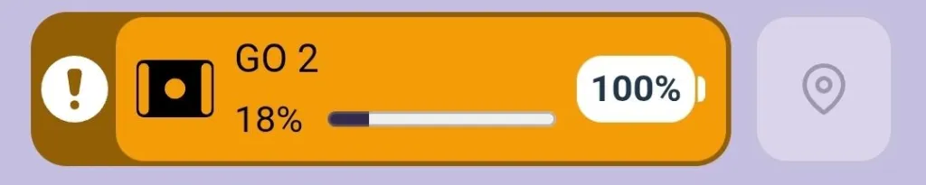 GO Brain named GO 2 in the VEX Devices list shown in orange with an exclamation point icon and an update progress bar at 18%. The Locate icon is grayed out.