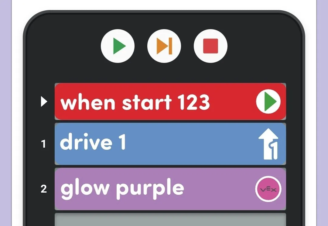 Card Snapshot in the VEX Classroom App showing a virtual Coder with Start, Step, and Stop buttons. The project reads when start 123, drive 1 in slot 1, and glow purple in slot 2. Slot 3 is empty.
