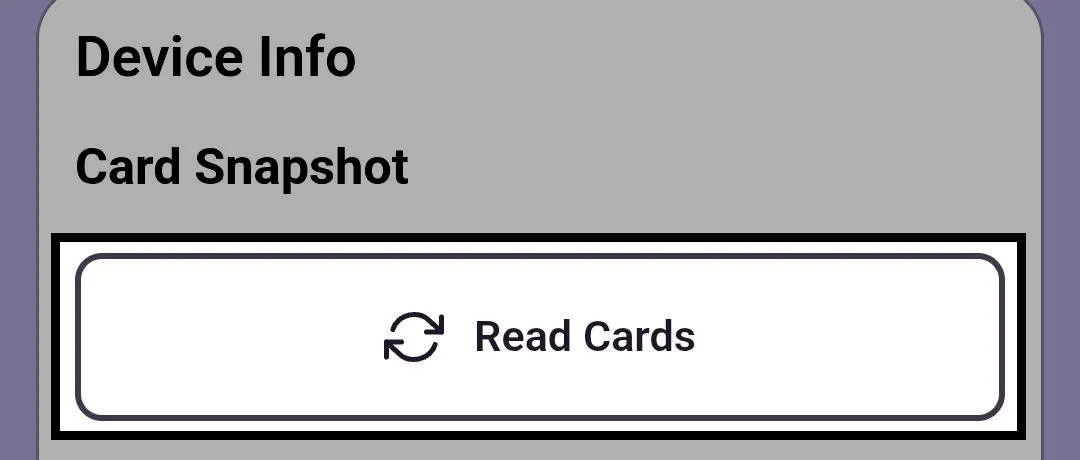 Device Info section for a VEX Coder in the VEX Classroom App showing the Card Snapshot heading and the Read Cards button.