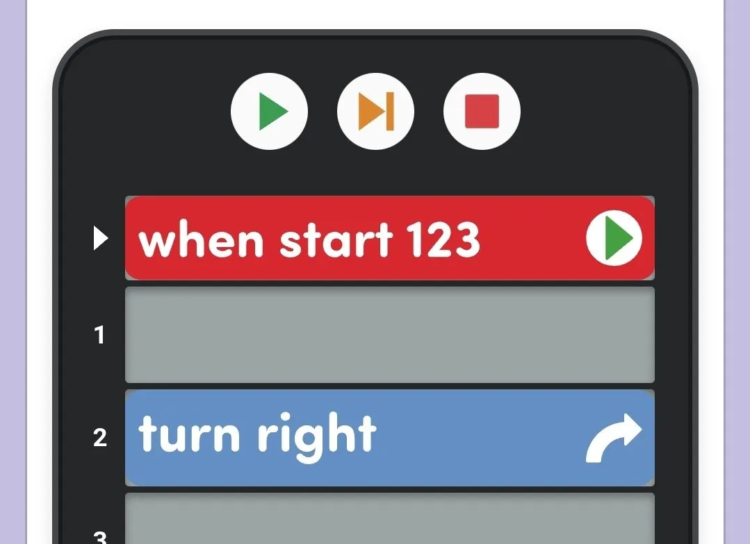 Card Snapshot in the VEX Classroom App showing a Coder project that reads when start 123, an empty slot 1, and turn right in slot 2. Slot 3 is also empty.
