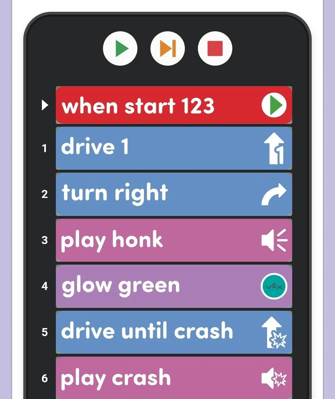 Card Snapshot in the VEX Classroom App showing a complete Coder project: when start 123, drive 1, turn right, play honk, glow green, drive until crash, and play crash.