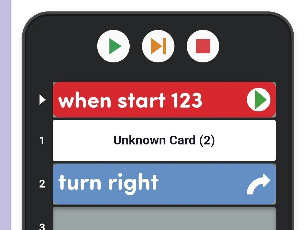 Card Snapshot in the VEX Classroom App showing a Coder project that reads when start 123, Unknown Card (2) in slot 1, and turn right in slot 2.
