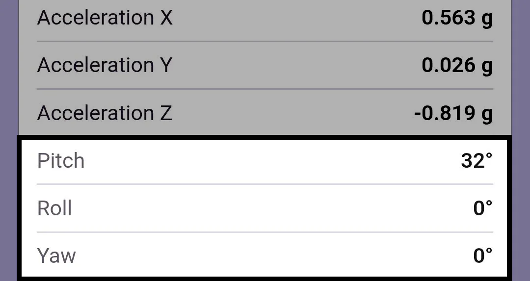 Inertial Sensor readings in the VEX Classroom App with the Pitch, Roll, and Yaw rows highlighted, reading 32 degrees, 0 degrees, and 0 degrees.
