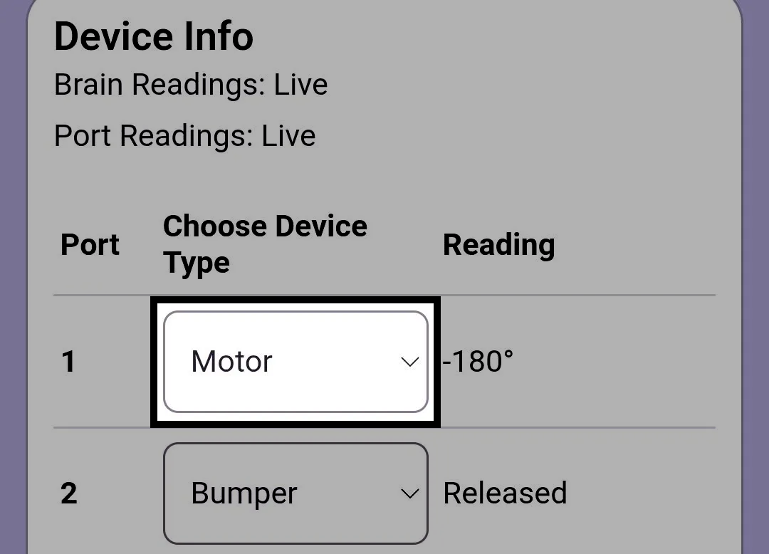 Device Info section in the VEX Classroom App with the Motor device type dropdown for Port 1 highlighted.