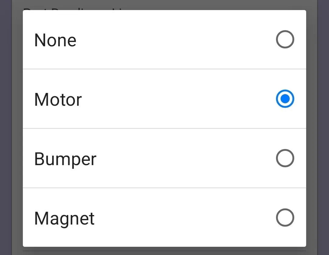 Device type dropdown for Port 1 opened in the VEX Classroom App, showing the list of available devices.