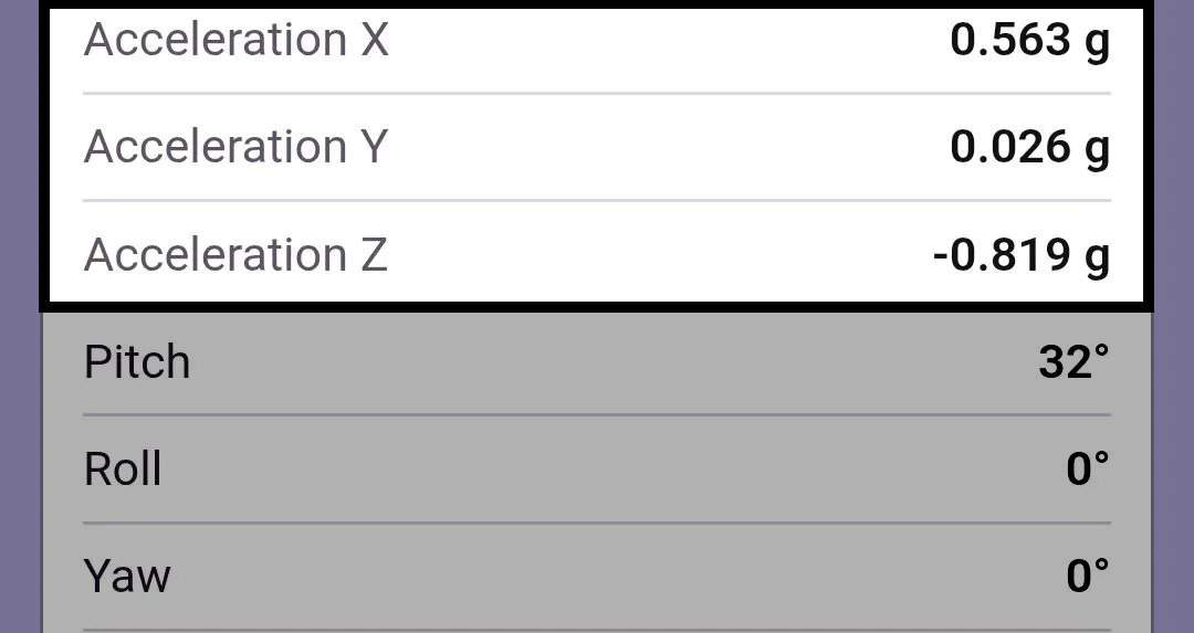 Inertial Sensor readings in the VEX Classroom App with the Acceleration X, Acceleration Y, and Acceleration Z rows highlighted, reading 0.563 g, 0.026 g, and -0.819 g. Pitch, Roll, and Yaw are shown below.