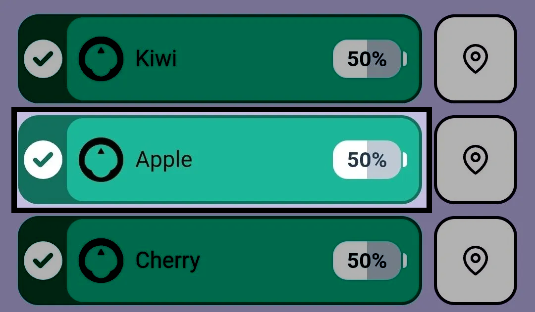 VEX Devices list in the VEX Classroom App showing three 123 Robots named Kiwi, Apple, and Cherry, with Apple highlighted. Each entry shows a check mark and a battery level of 50%.