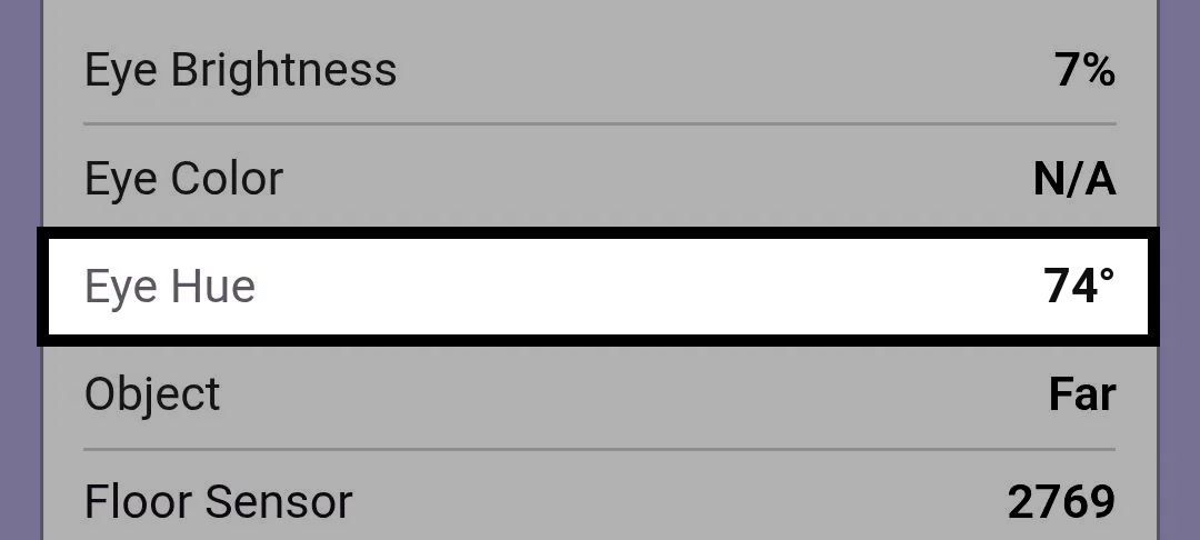 Device Info readings for a 123 Robot in the VEX Classroom App with the Eye Hue reading of 74 degrees highlighted.