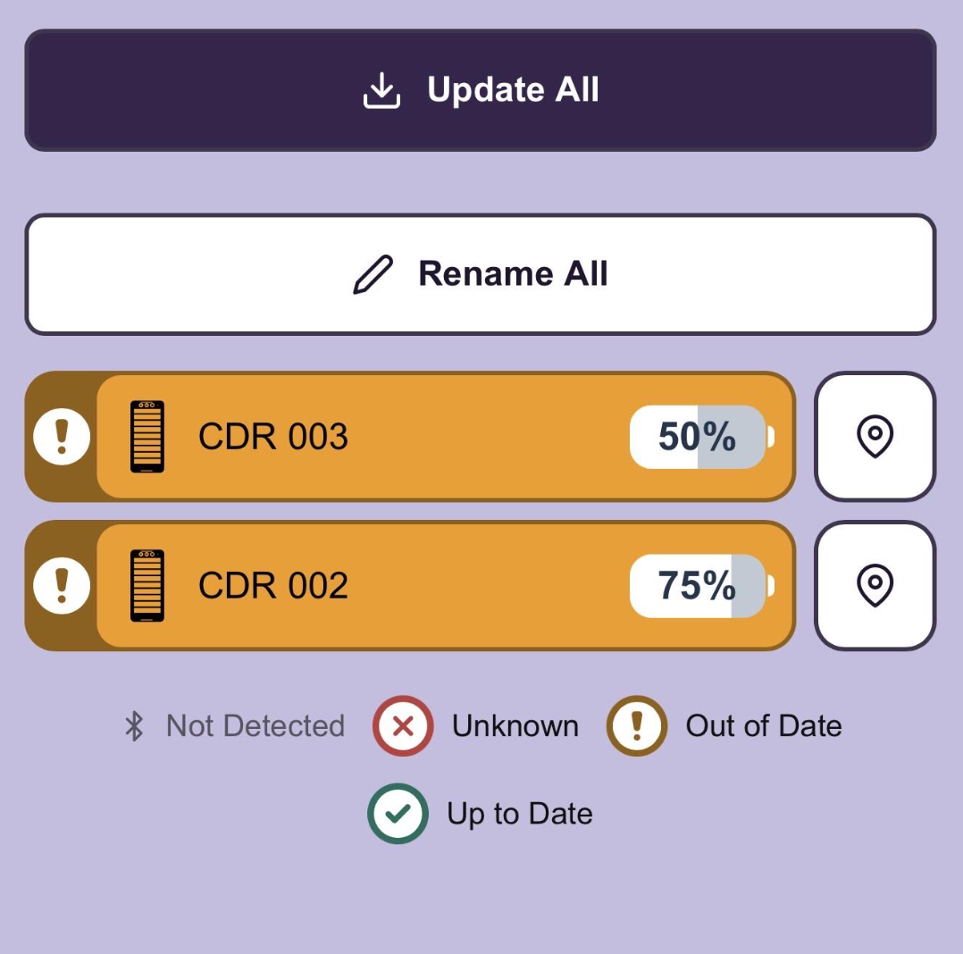 VEX Classroom App screen with Update All, Rename All buttons and a list of detected Coders underneath. All the Coders are colored orange.