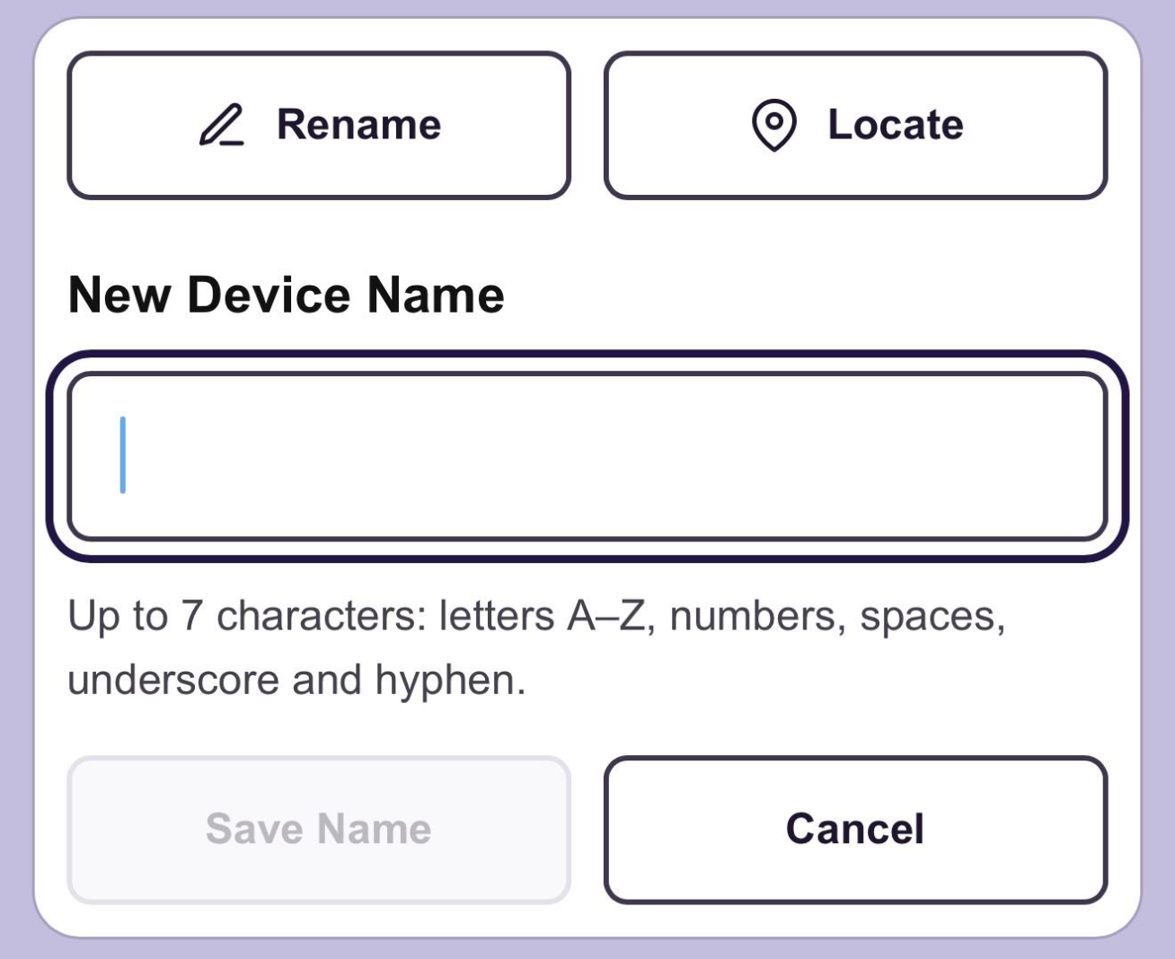 The New Device Name field ready to receive a new name.