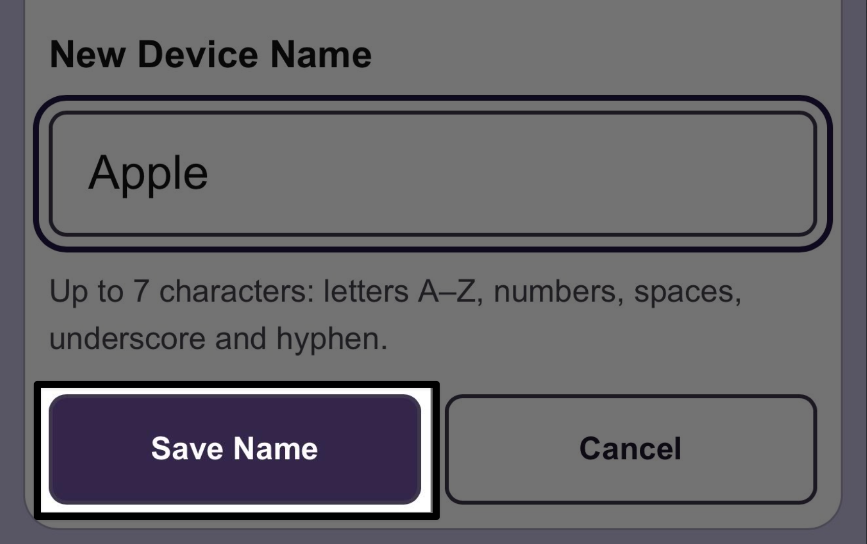 Device Name Screen in the Classroom App with the Save Name button called out in the lower left corner.