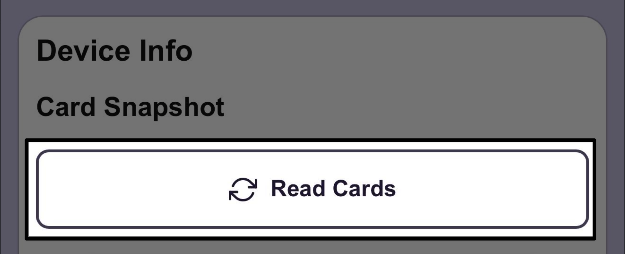 The Read Cards button highlighted in the Coder's device info screen.