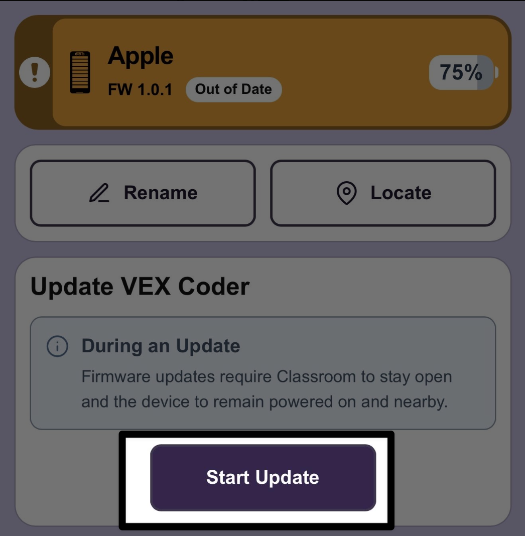 A Coder selected with the Start Update button highlighted.