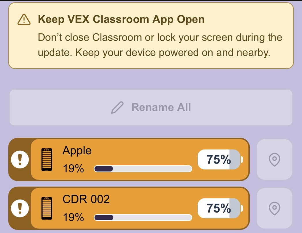 Two Coders updating in the Classroom App. Both are orange and have progress bars reading 19 percent.