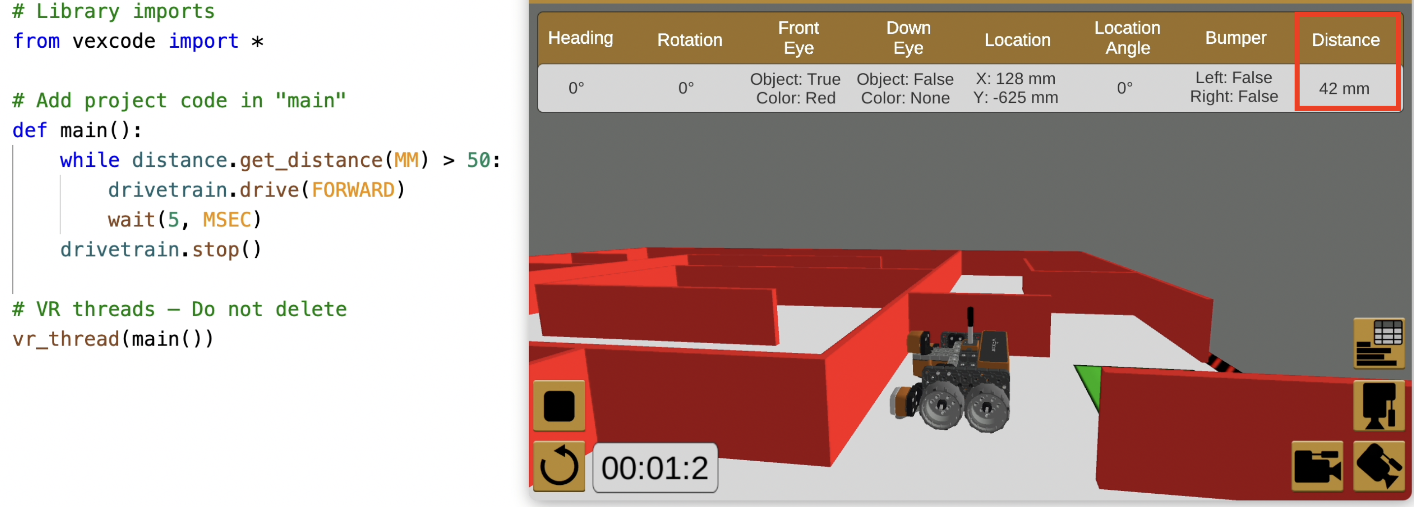 Using the Distance Sensor in VEXcode VR with Python – VEX Library