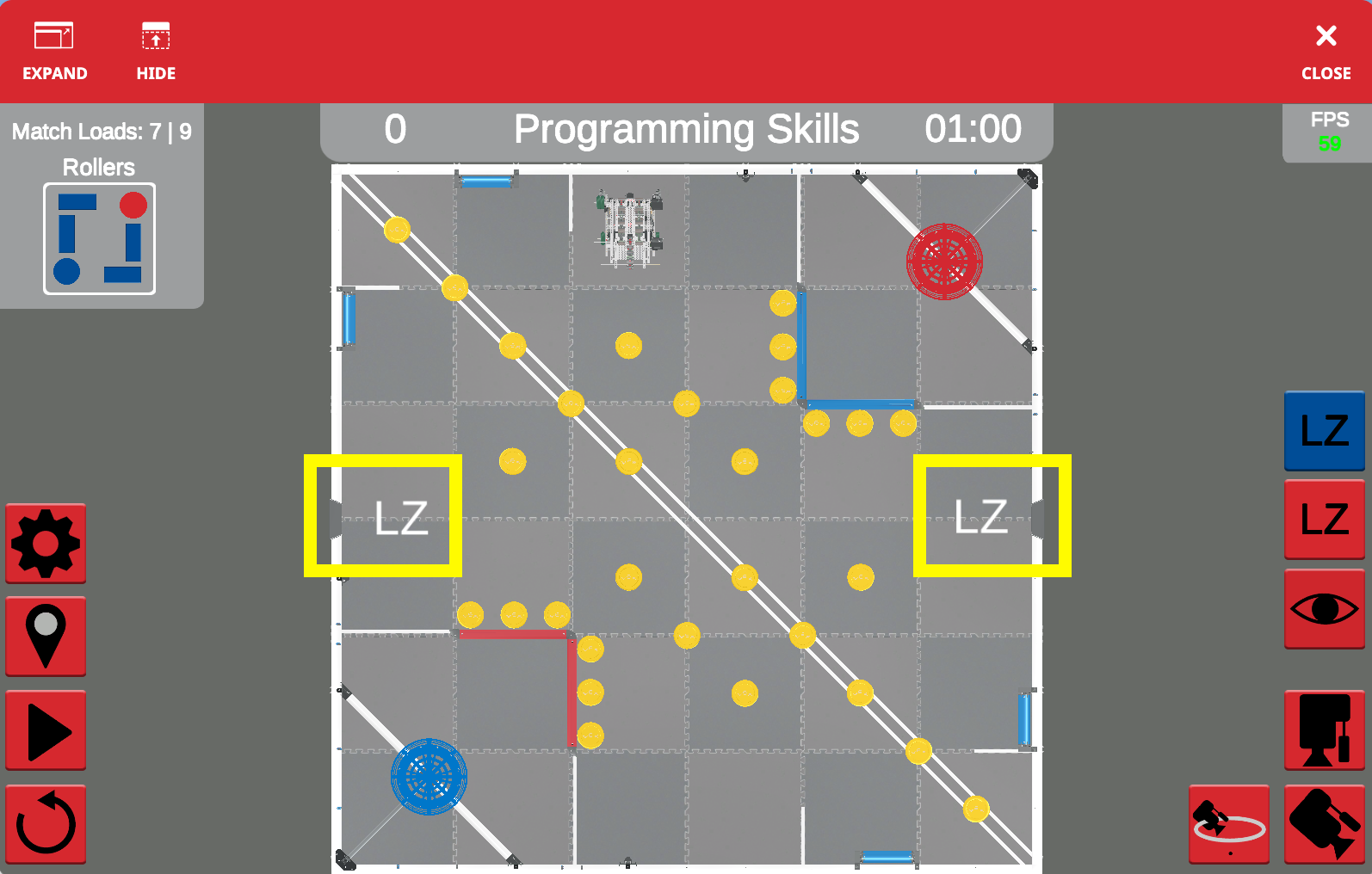 Screenshot of VEXcode VR interface showcasing the programming environment for VRC Spin Up 2022-2023, featuring a block-based coding layout designed for teaching coding concepts through virtual robotics.