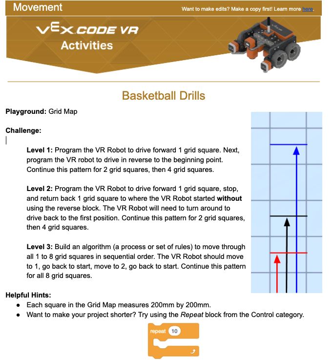 Screenshot of VEXcode VR interface showing block-based coding elements and a virtual robot, illustrating the coding environment for educational activities in STEM learning.
